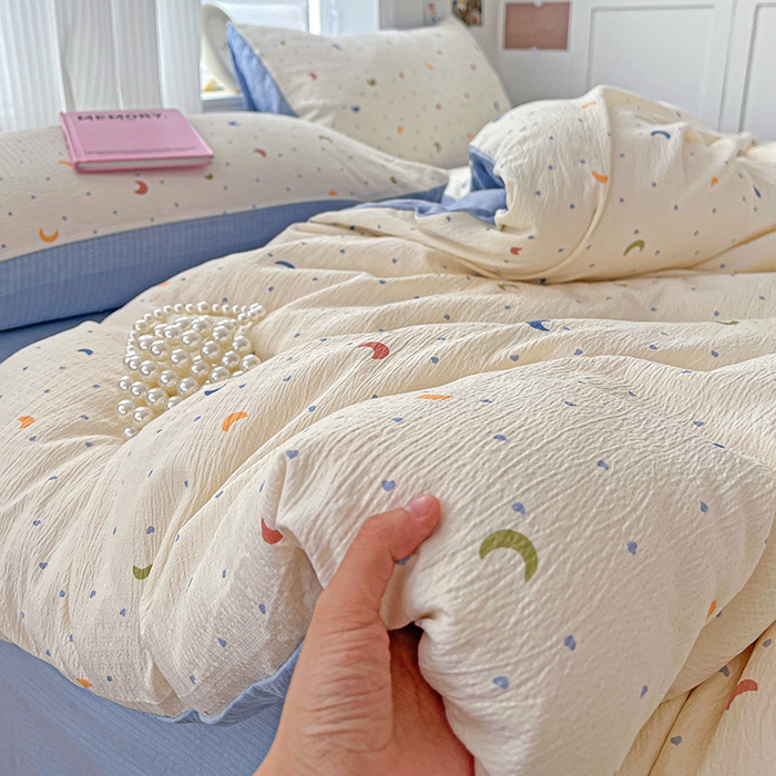 91家纺网 家纺一手货源 找家纺 一比一 2026新款云感皱皱双层纱四件套-简单款 星空蓝