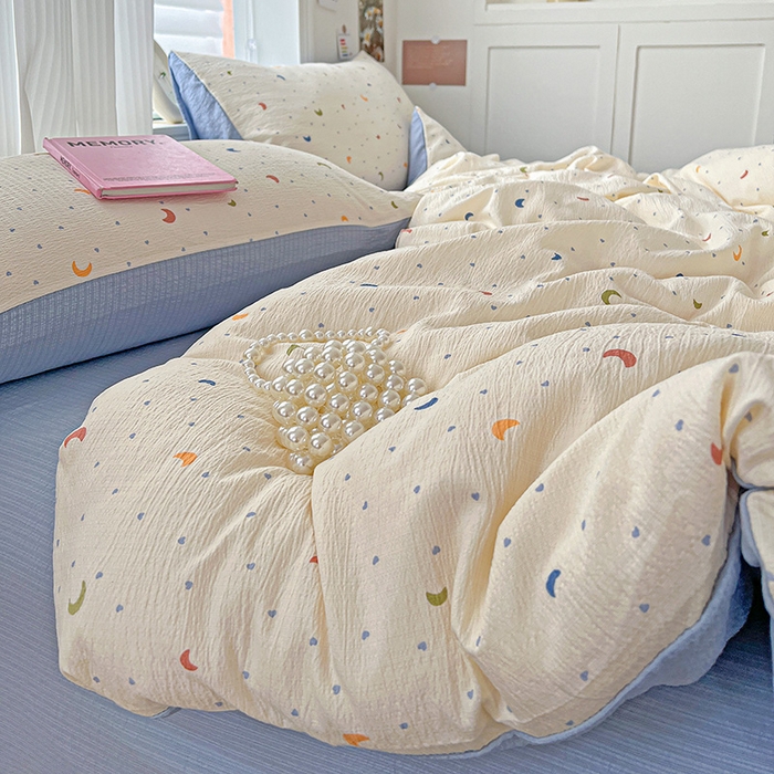 91家纺网 家纺一手货源 找家纺 一比一 2026新款云感皱皱双层纱四件套-简单款 星空蓝