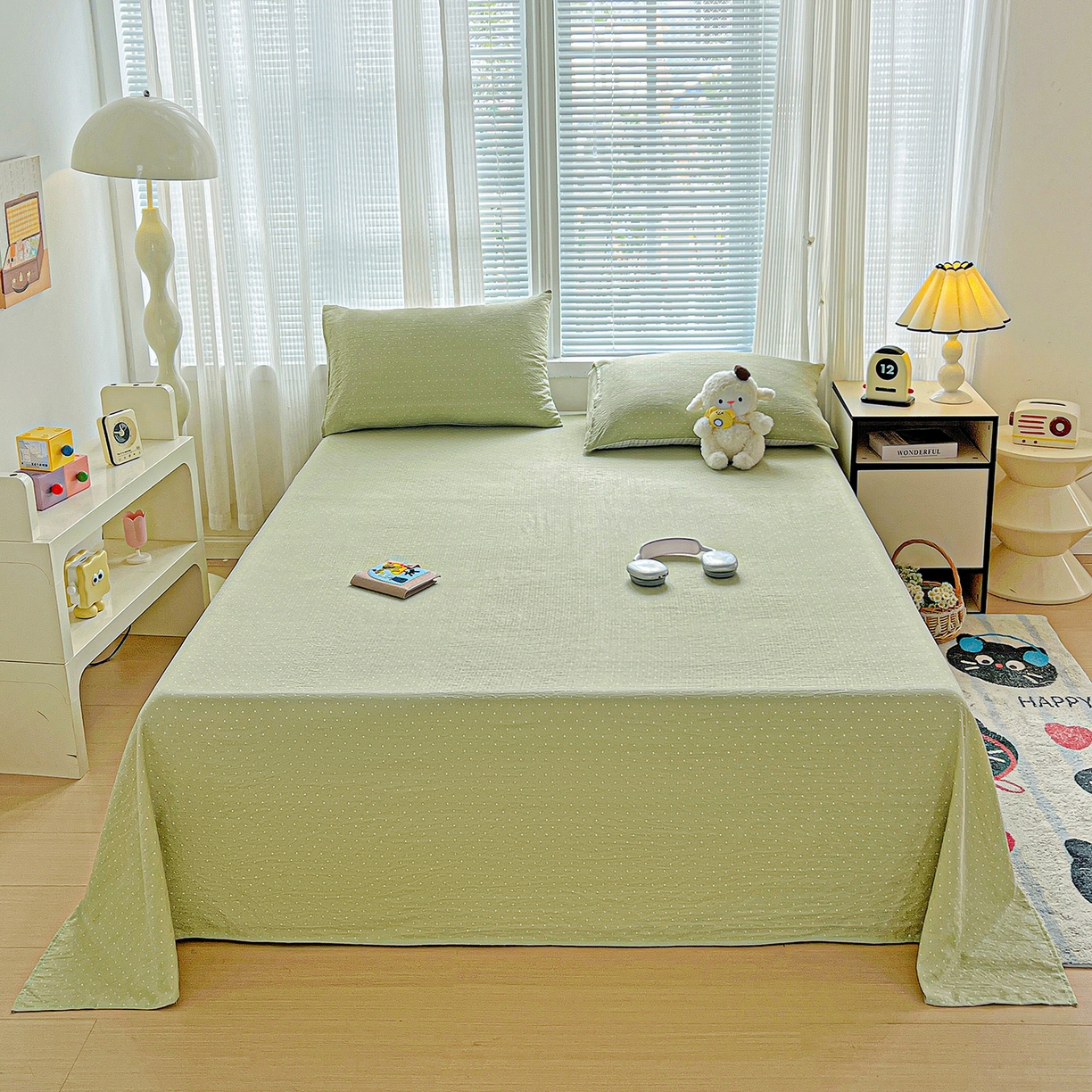 91家纺网 家纺一手货源 找家纺 格真 2025新款A类云感木棉皱皱双层纱床单单床单床单单品床单三件套 波点-抹茶绿