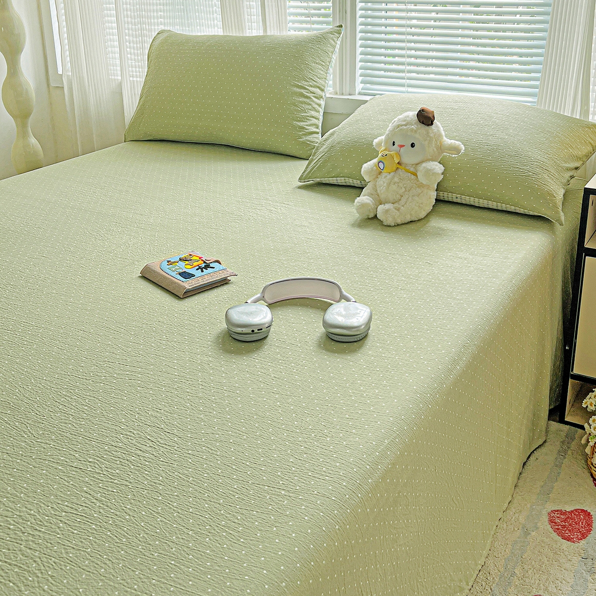 91家纺网 家纺一手货源 找家纺 格真 2025新款A类云感木棉皱皱双层纱床单单床单床单单品床单三件套 波点-抹茶绿