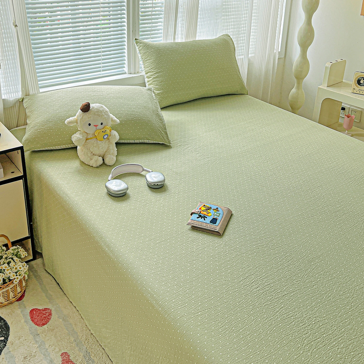 91家纺网 家纺一手货源 找家纺 格真 2025新款A类云感木棉皱皱双层纱床单单床单床单单品床单三件套 波点-抹茶绿