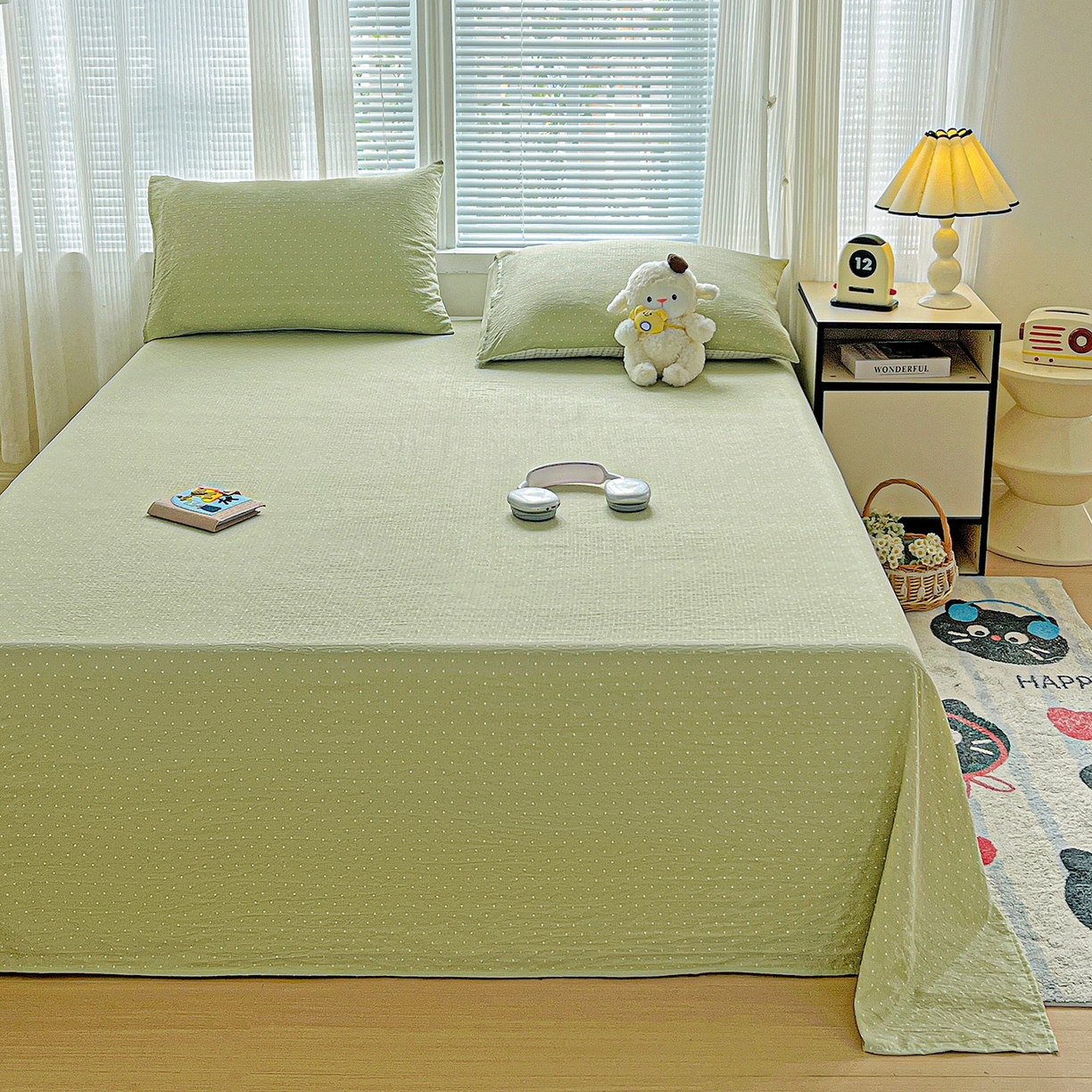 91家纺网 家纺一手货源 找家纺 格真 2025新款A类云感木棉皱皱双层纱床单单床单床单单品床单三件套 波点-抹茶绿