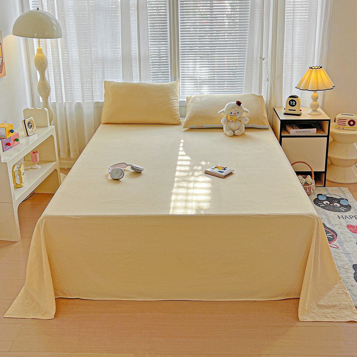 91家纺网 家纺一手货源 找家纺 格真 2025新款A类云感木棉皱皱双层纱床单单床单床单单品床单三件套 波点-奶油黄