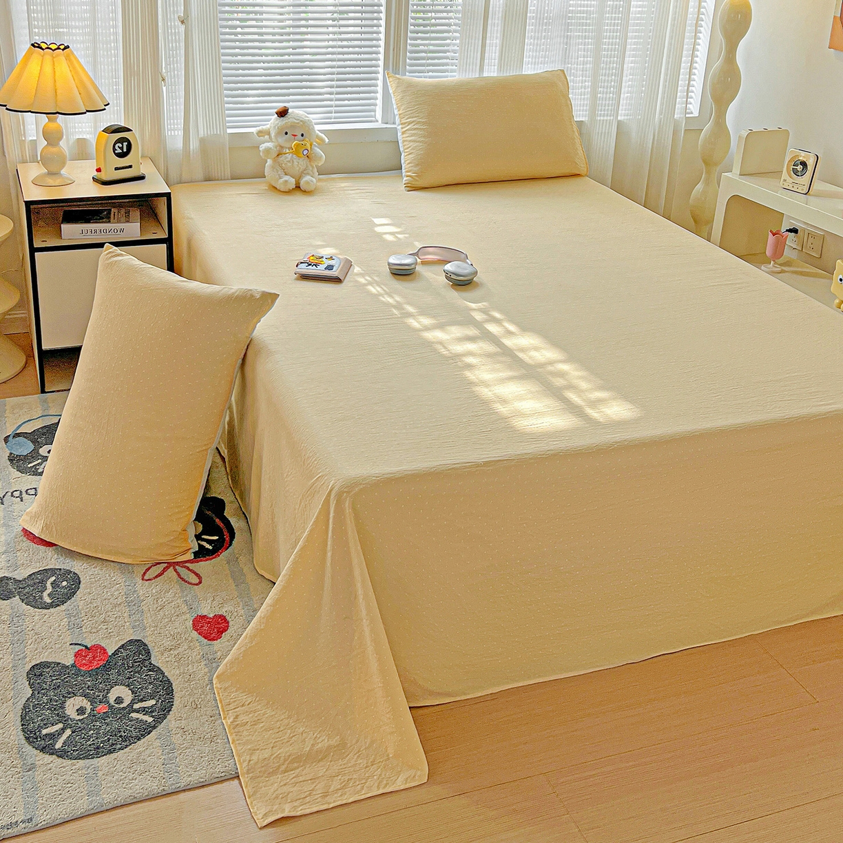 91家纺网 家纺一手货源 找家纺 格真 2025新款A类云感木棉皱皱双层纱床单单床单床单单品床单三件套 波点-奶油黄