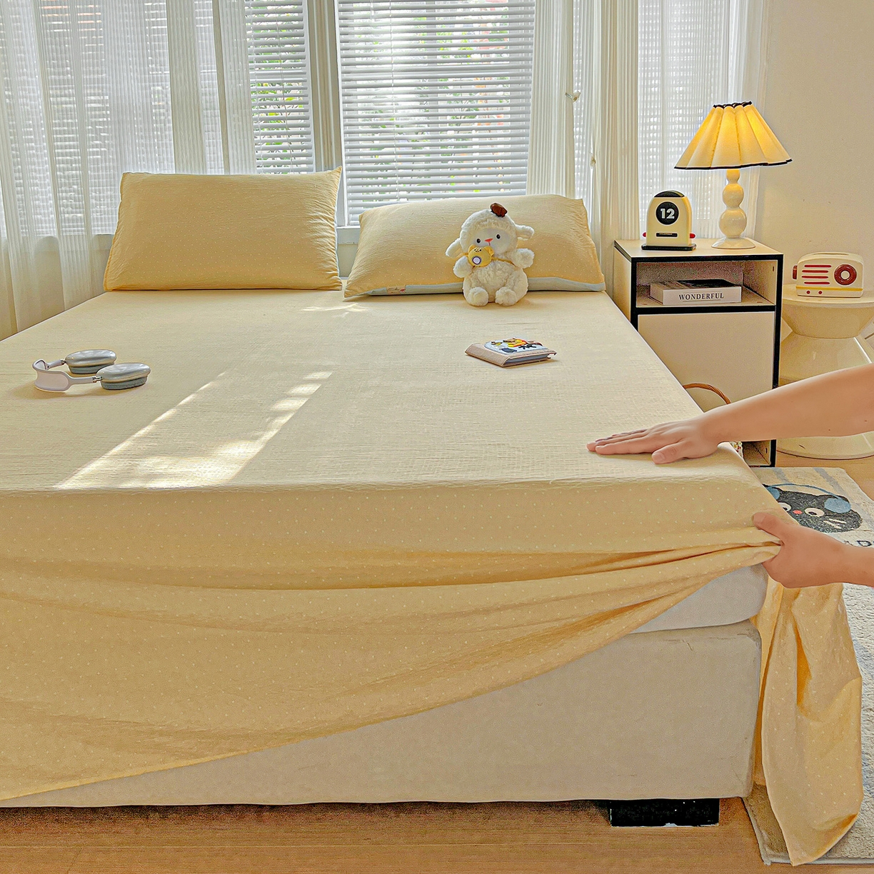 91家纺网 家纺一手货源 找家纺 格真 2025新款A类云感木棉皱皱双层纱床单单床单床单单品床单三件套 波点-奶油黄