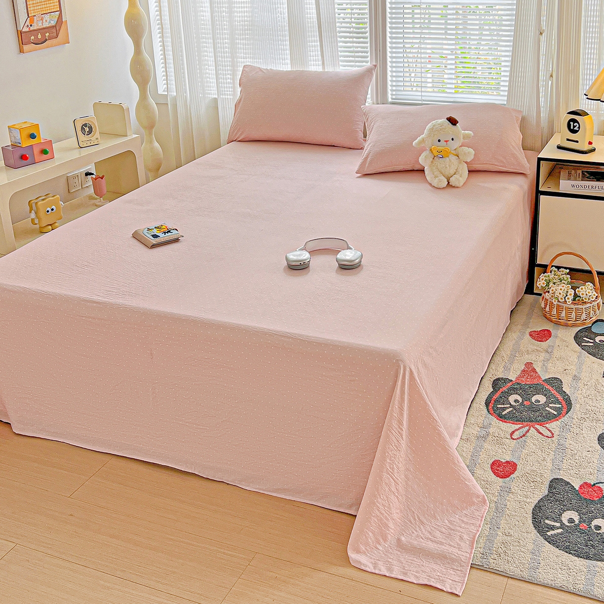 91家纺网 家纺一手货源 找家纺 格真 2025新款A类云感木棉皱皱双层纱床单单床单床单单品床单三件套 波点-蔷薇粉