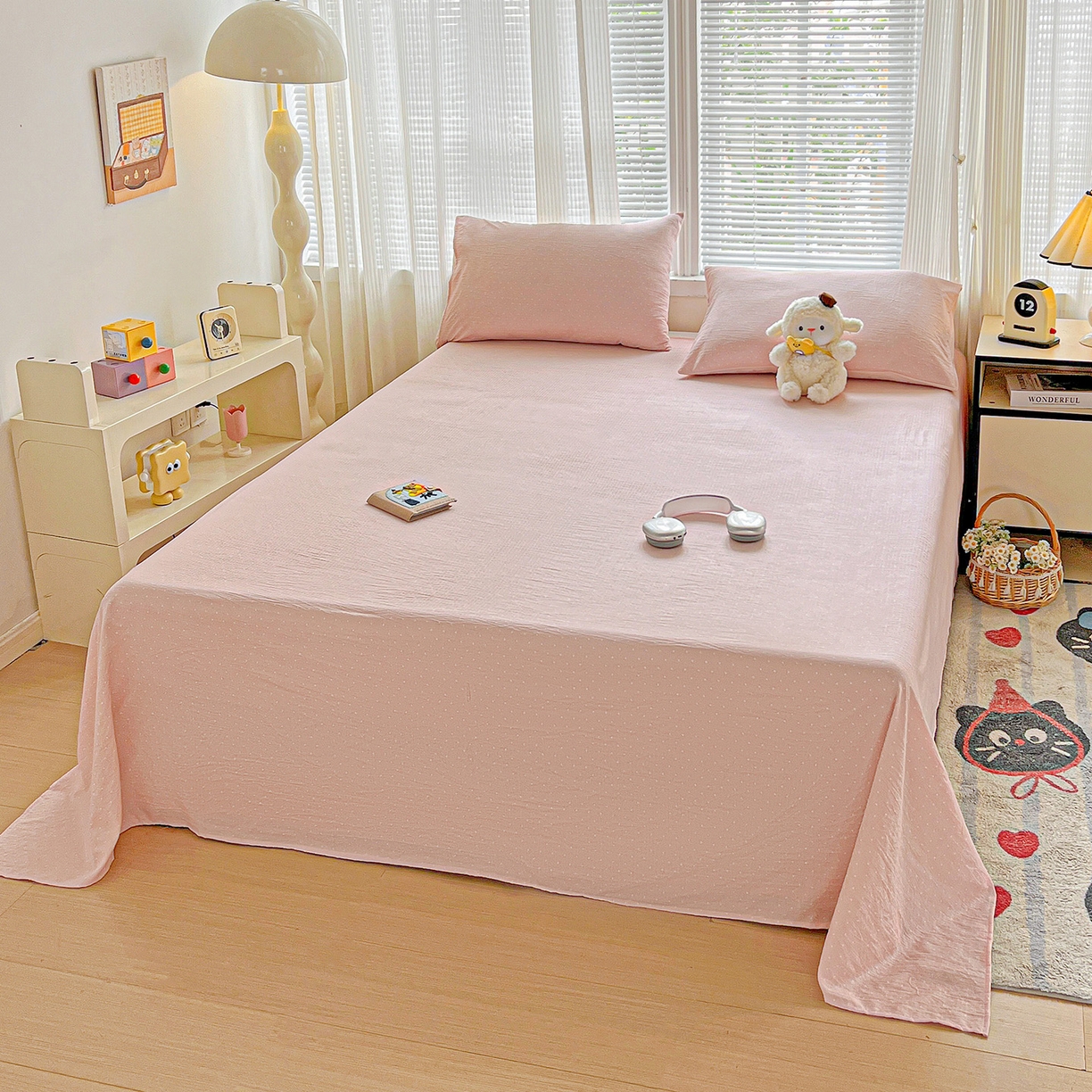 91家纺网 家纺一手货源 找家纺 格真 2025新款A类云感木棉皱皱双层纱床单单床单床单单品床单三件套 波点-蔷薇粉