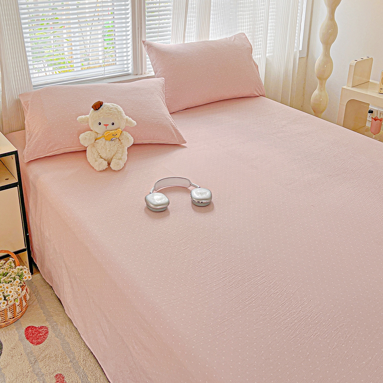 91家纺网 家纺一手货源 找家纺 格真 2025新款A类云感木棉皱皱双层纱床单单床单床单单品床单三件套 波点-蔷薇粉