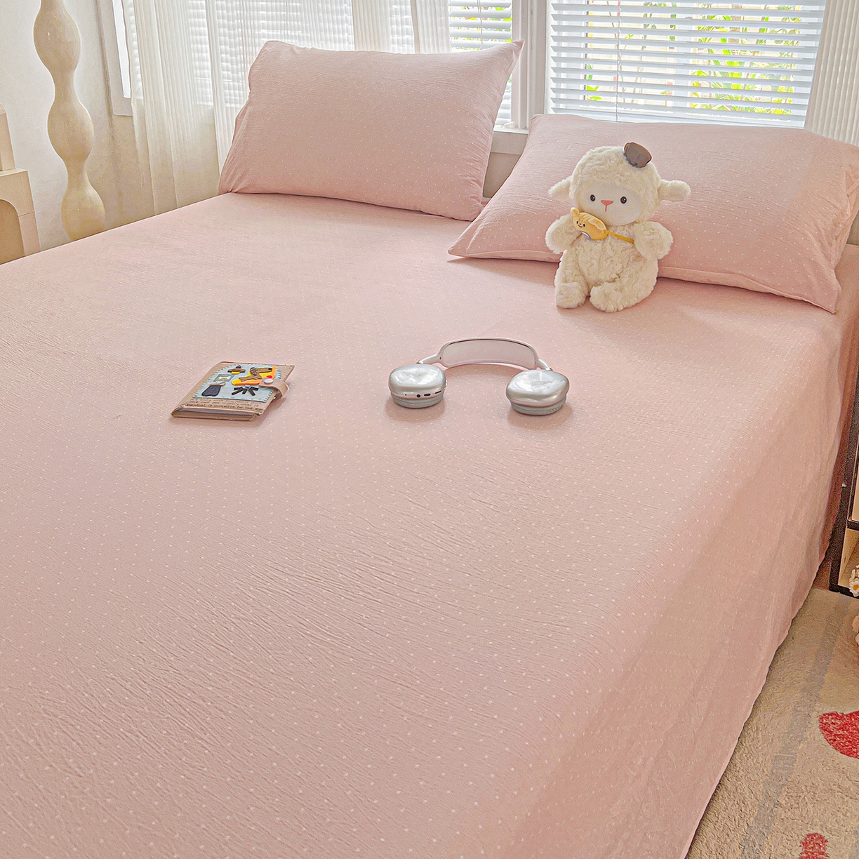 91家纺网 家纺一手货源 找家纺 格真 2025新款A类云感木棉皱皱双层纱床单单床单床单单品床单三件套 波点-蔷薇粉