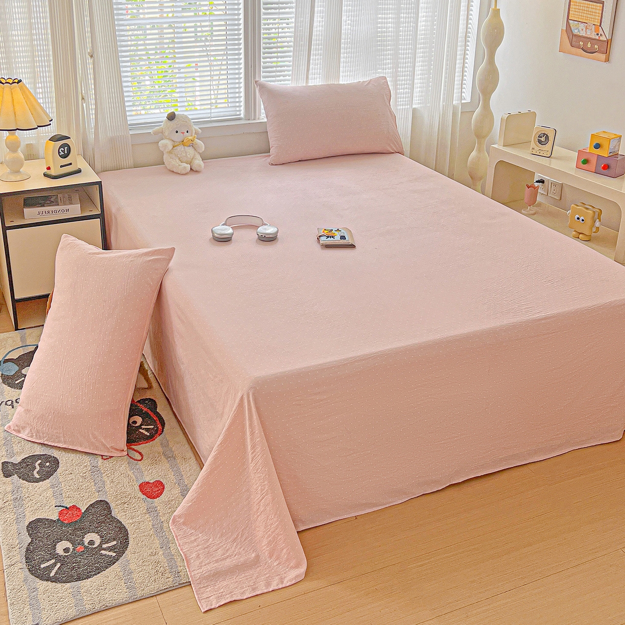 91家纺网 家纺一手货源 找家纺 格真 2025新款A类云感木棉皱皱双层纱床单单床单床单单品床单三件套 波点-蔷薇粉