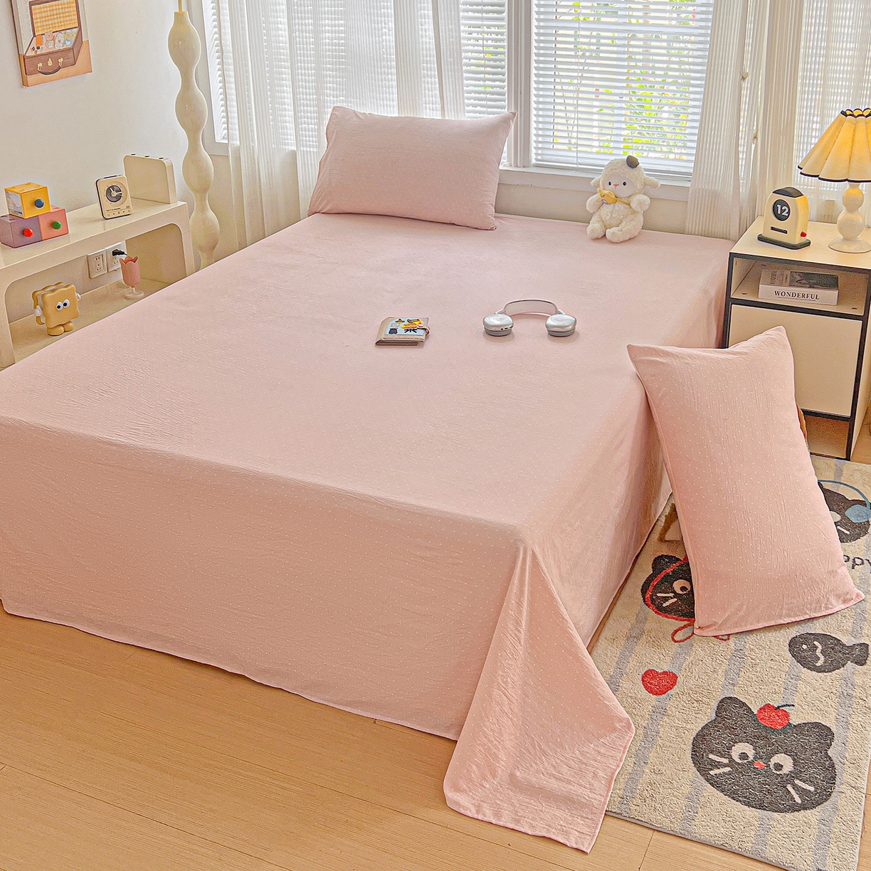 91家纺网 家纺一手货源 找家纺 格真 2025新款A类云感木棉皱皱双层纱床单单床单床单单品床单三件套 波点-蔷薇粉