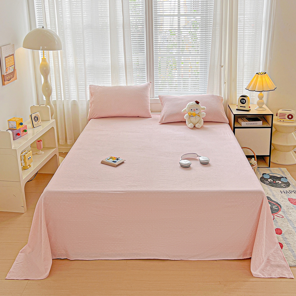 91家纺网 家纺一手货源 找家纺 格真 2025新款A类云感木棉皱皱双层纱床单单床单床单单品床单三件套 波点-蔷薇粉