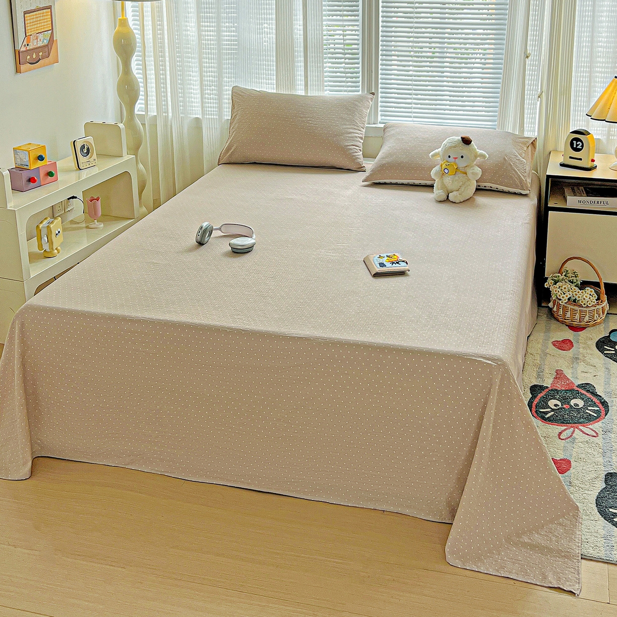 91家纺网 家纺一手货源 找家纺 格真 2025新款A类云感木棉皱皱双层纱床单单床单床单单品床单三件套 波点-巧克力棕