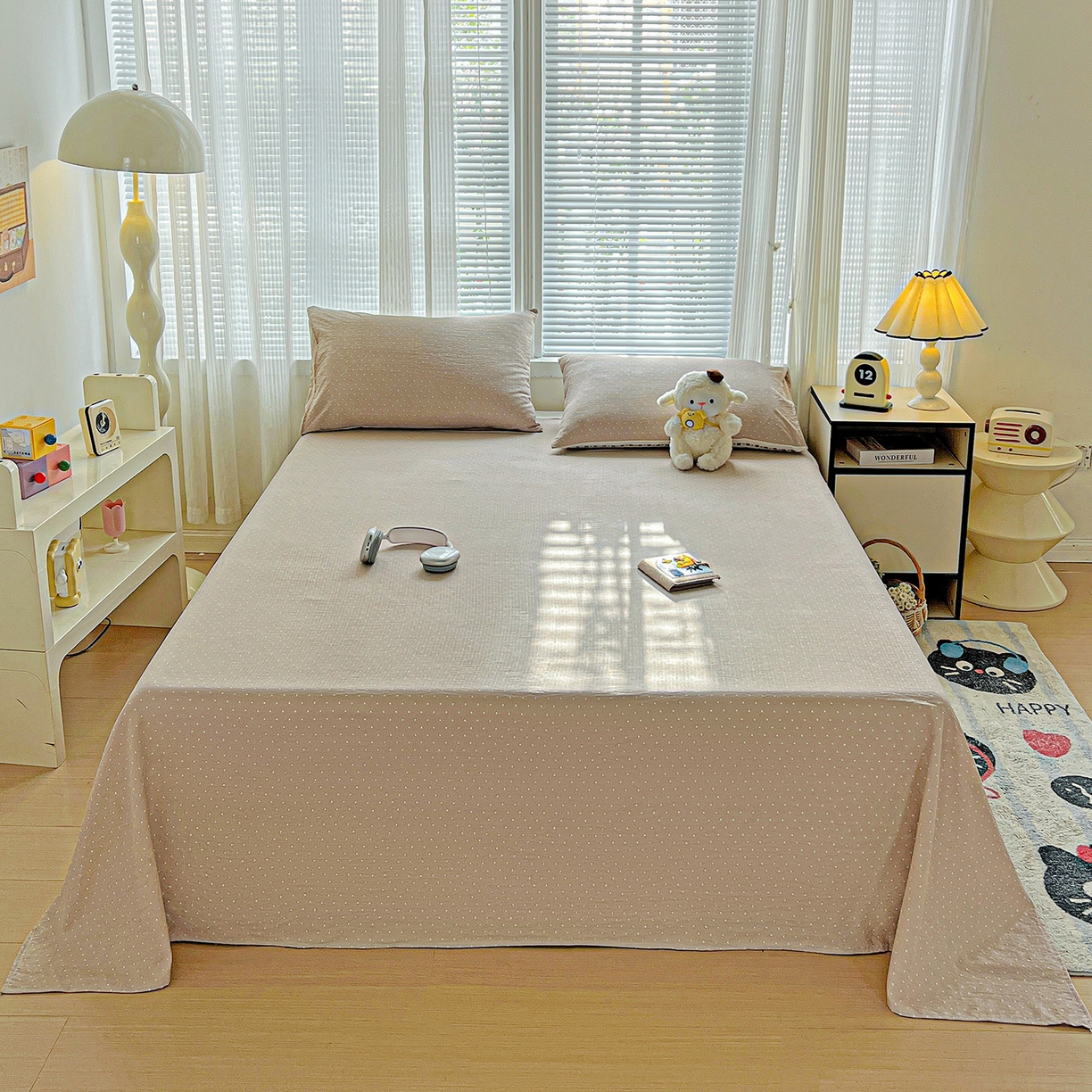 91家纺网 家纺一手货源 找家纺 格真 2025新款A类云感木棉皱皱双层纱床单单床单床单单品床单三件套 波点-巧克力棕