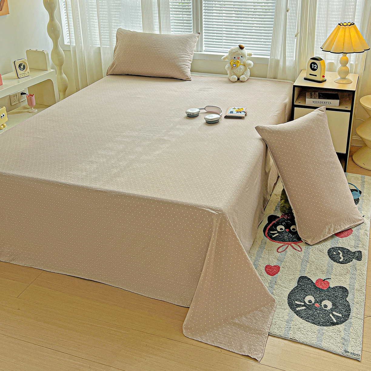 91家纺网 家纺一手货源 找家纺 格真 2025新款A类云感木棉皱皱双层纱床单单床单床单单品床单三件套 波点-巧克力棕