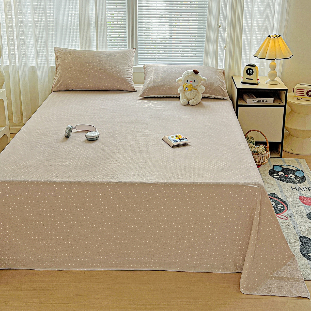 91家纺网 家纺一手货源 找家纺 格真 2025新款A类云感木棉皱皱双层纱床单单床单床单单品床单三件套 波点-巧克力棕