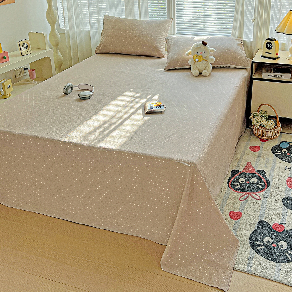 91家纺网 家纺一手货源 找家纺 格真 2025新款A类云感木棉皱皱双层纱床单单床单床单单品床单三件套 波点-巧克力棕