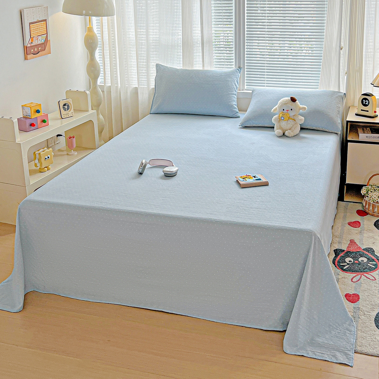 91家纺网 家纺一手货源 找家纺 格真 2025新款A类云感木棉皱皱双层纱床单单床单床单单品床单三件套 波点-柔雾蓝