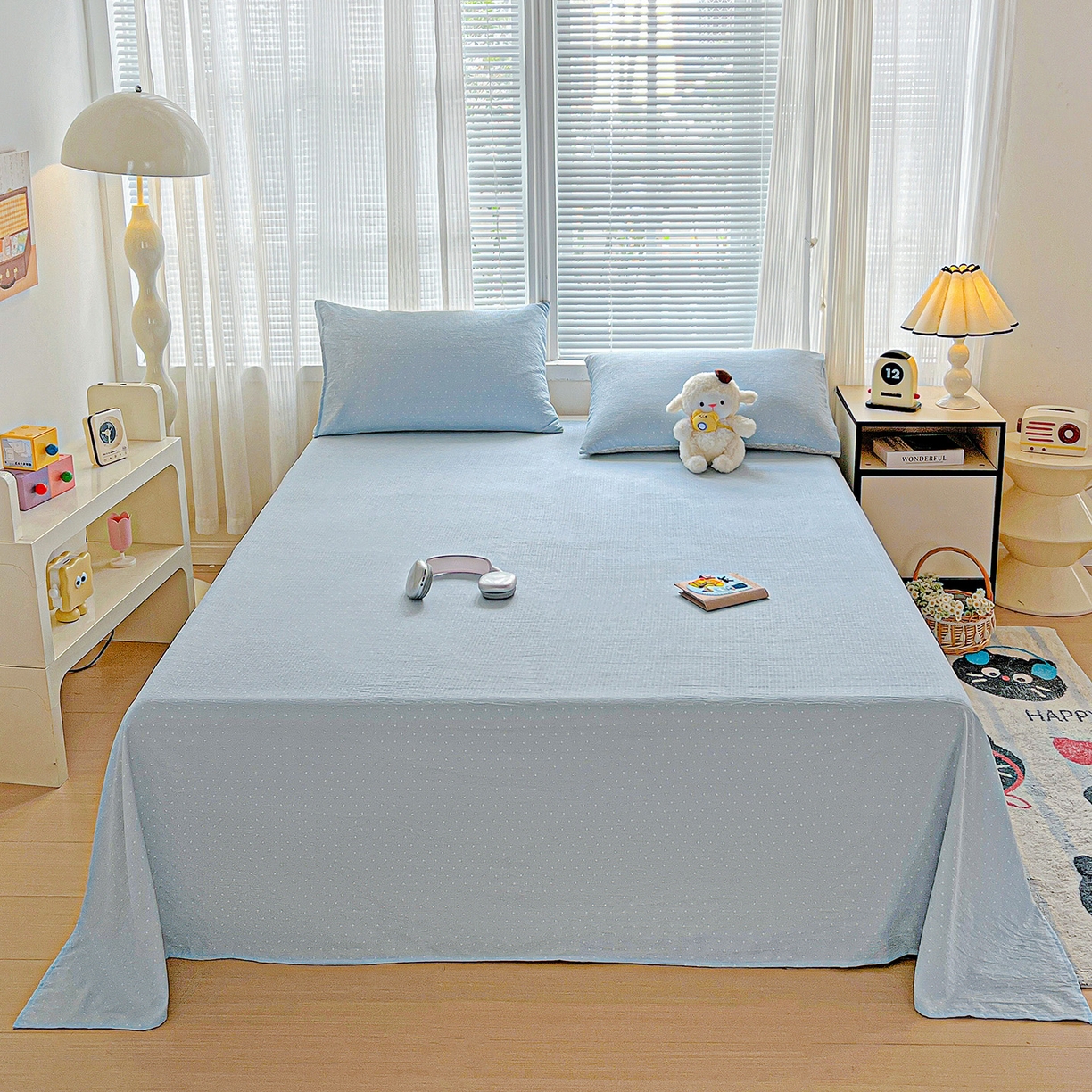 91家纺网 家纺一手货源 找家纺 格真 2025新款A类云感木棉皱皱双层纱床单单床单床单单品床单三件套 波点-柔雾蓝