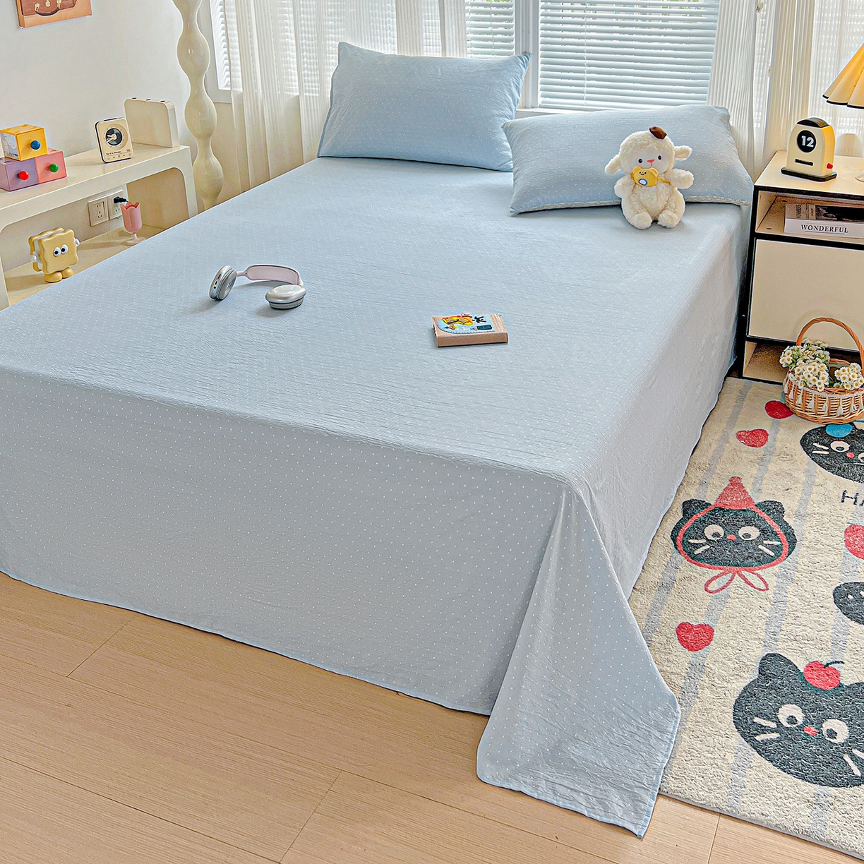 91家纺网 家纺一手货源 找家纺 格真 2025新款A类云感木棉皱皱双层纱床单单床单床单单品床单三件套 波点-柔雾蓝