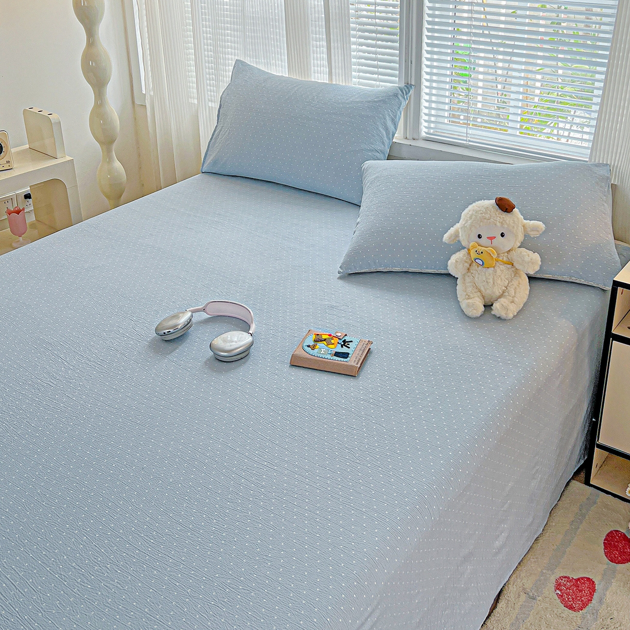 91家纺网 家纺一手货源 找家纺 格真 2025新款A类云感木棉皱皱双层纱床单单床单床单单品床单三件套 波点-柔雾蓝