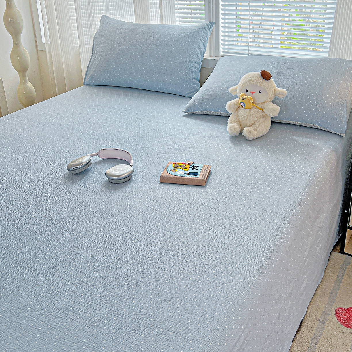 91家纺网 家纺一手货源 找家纺 格真 2025新款A类云感木棉皱皱双层纱床单单床单床单单品床单三件套 波点-柔雾蓝