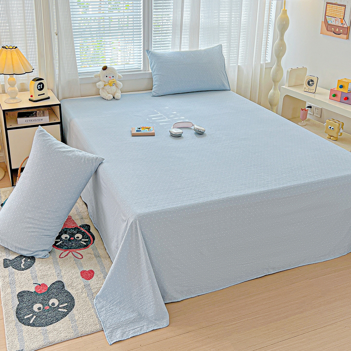 91家纺网 家纺一手货源 找家纺 格真 2025新款A类云感木棉皱皱双层纱床单单床单床单单品床单三件套 波点-柔雾蓝