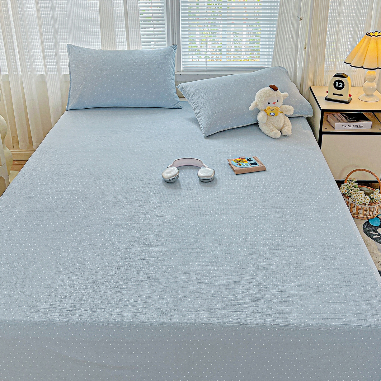 91家纺网 家纺一手货源 找家纺 格真 2025新款A类云感木棉皱皱双层纱床单单床单床单单品床单三件套 波点-柔雾蓝