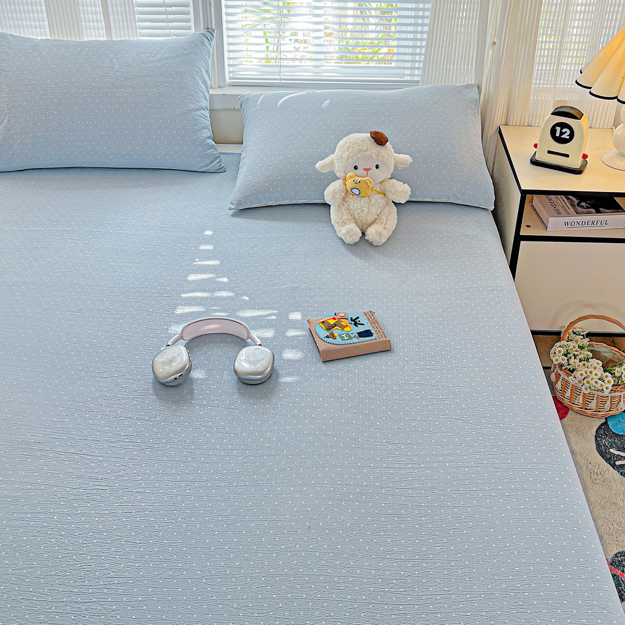 91家纺网 家纺一手货源 找家纺 格真 2025新款A类云感木棉皱皱双层纱床单单床单床单单品床单三件套 波点-柔雾蓝