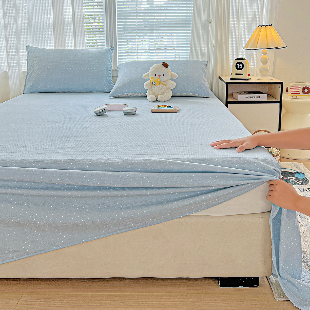 91家纺网 家纺一手货源 找家纺 格真 2025新款A类云感木棉皱皱双层纱床单单床单床单单品床单三件套 波点-柔雾蓝