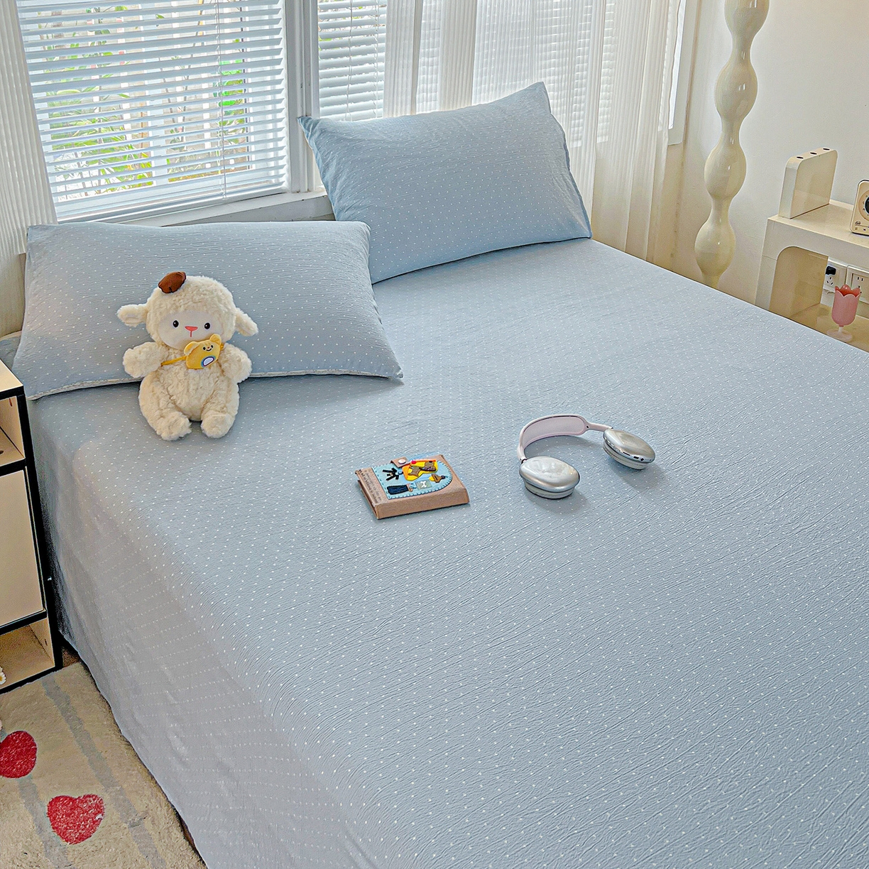 91家纺网 家纺一手货源 找家纺 格真 2025新款A类云感木棉皱皱双层纱床单单床单床单单品床单三件套 波点-柔雾蓝