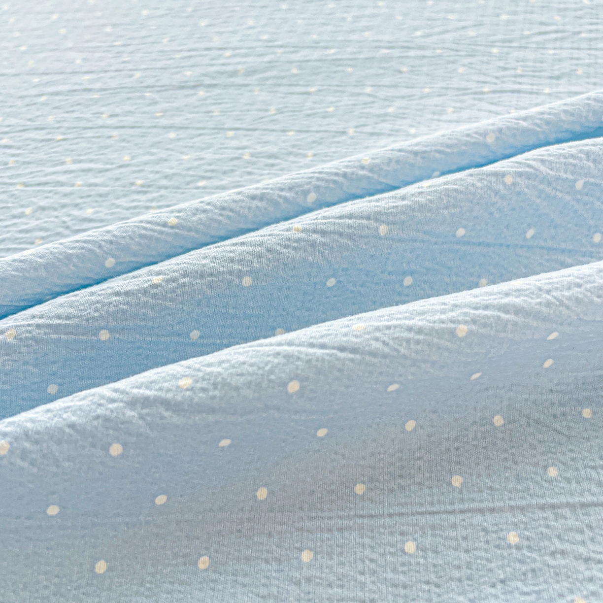 91家纺网 家纺一手货源 找家纺 格真 2025新款A类云感木棉皱皱双层纱床单单床单床单单品床单三件套 波点-柔雾蓝