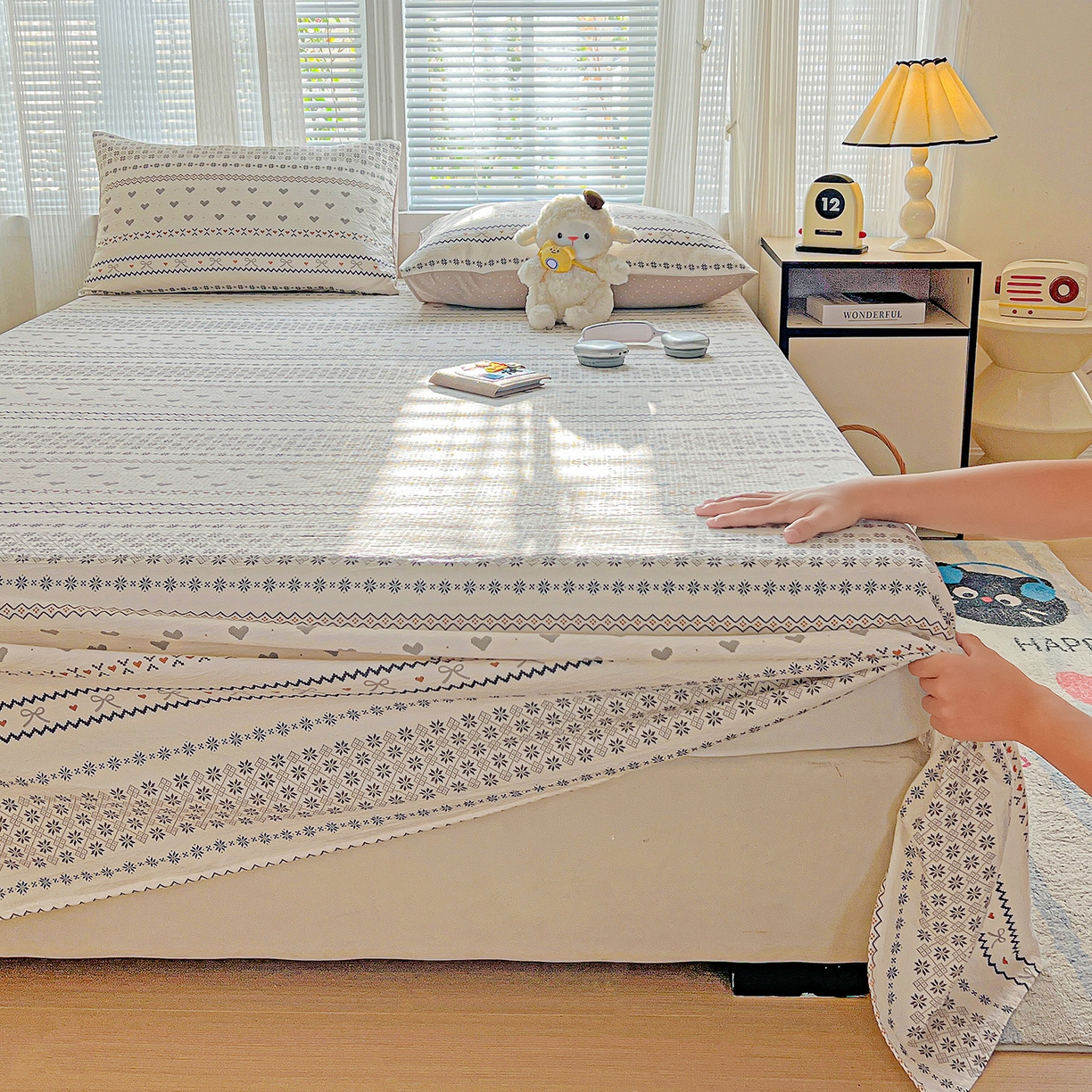 91家纺网 家纺一手货源 找家纺 格真 2025新款A类云感木棉皱皱双层纱床单单床单床单单品床单三件套 波西米亚