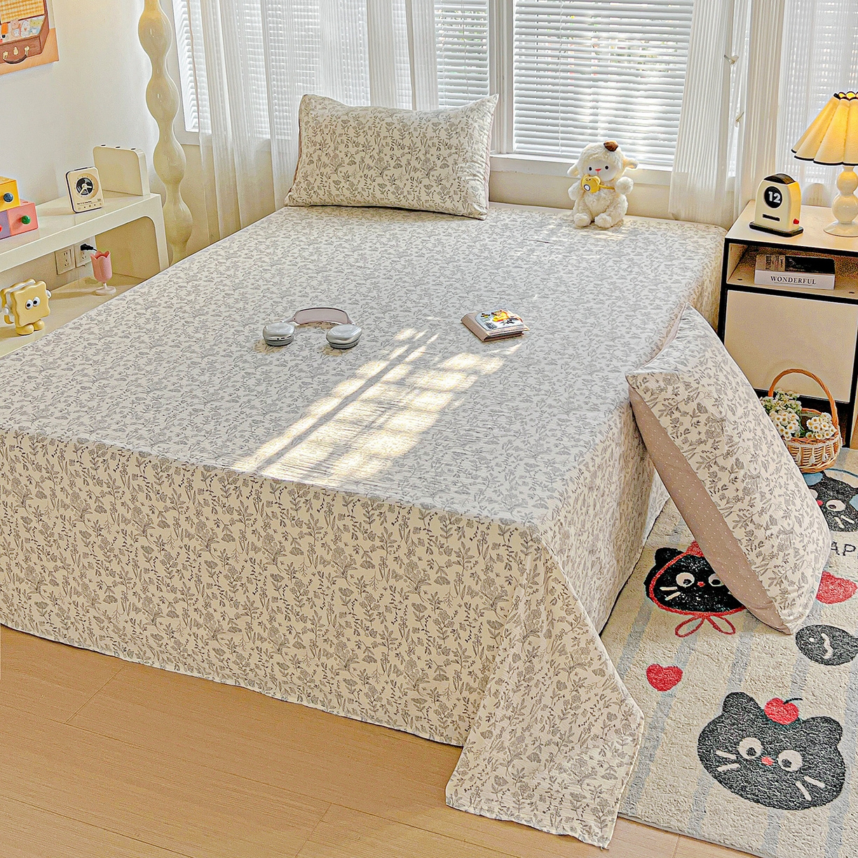 91家纺网 家纺一手货源 找家纺 格真 2025新款A类云感木棉皱皱双层纱床单单床单床单单品床单三件套 草木集黄