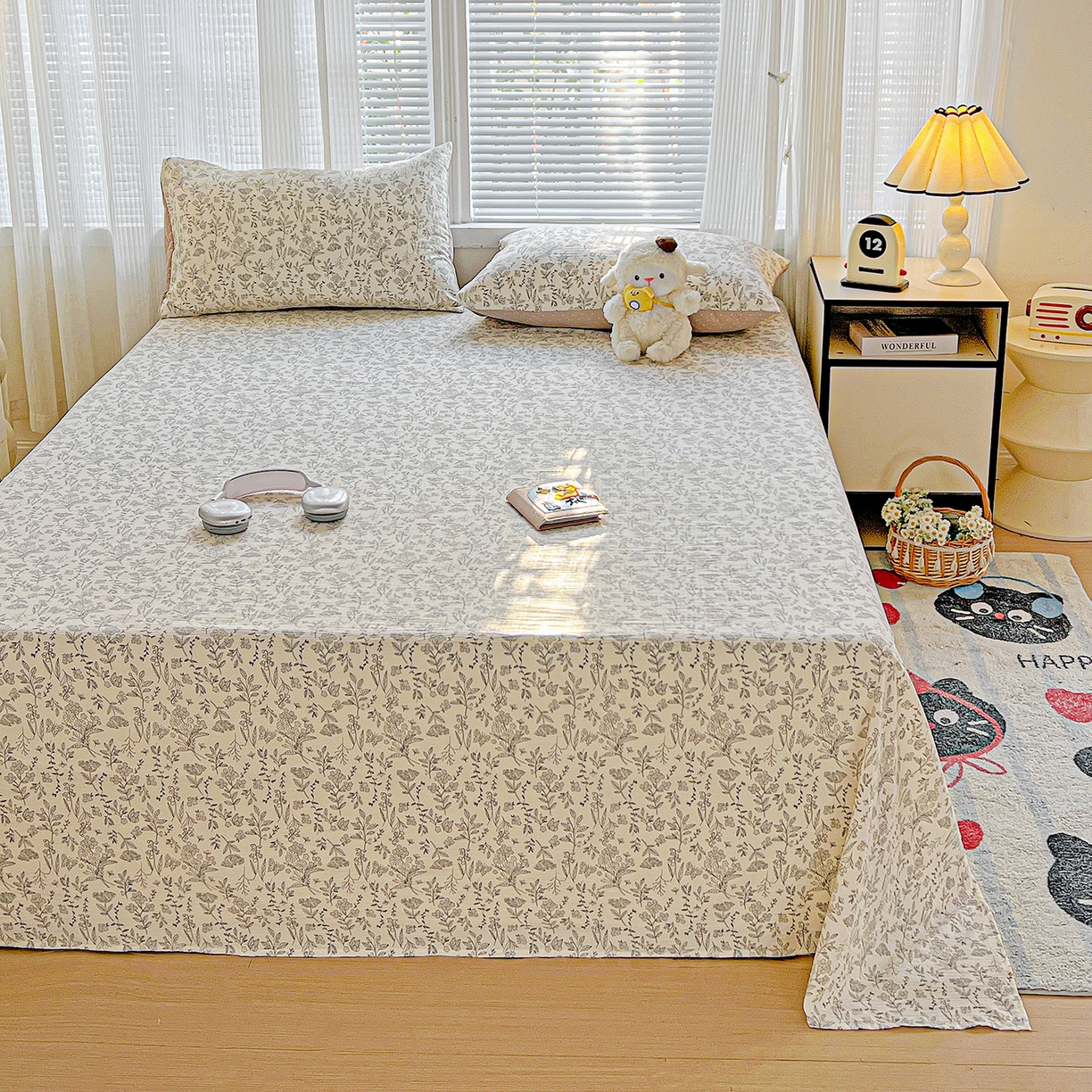 91家纺网 家纺一手货源 找家纺 格真 2025新款A类云感木棉皱皱双层纱床单单床单床单单品床单三件套 草木集黄