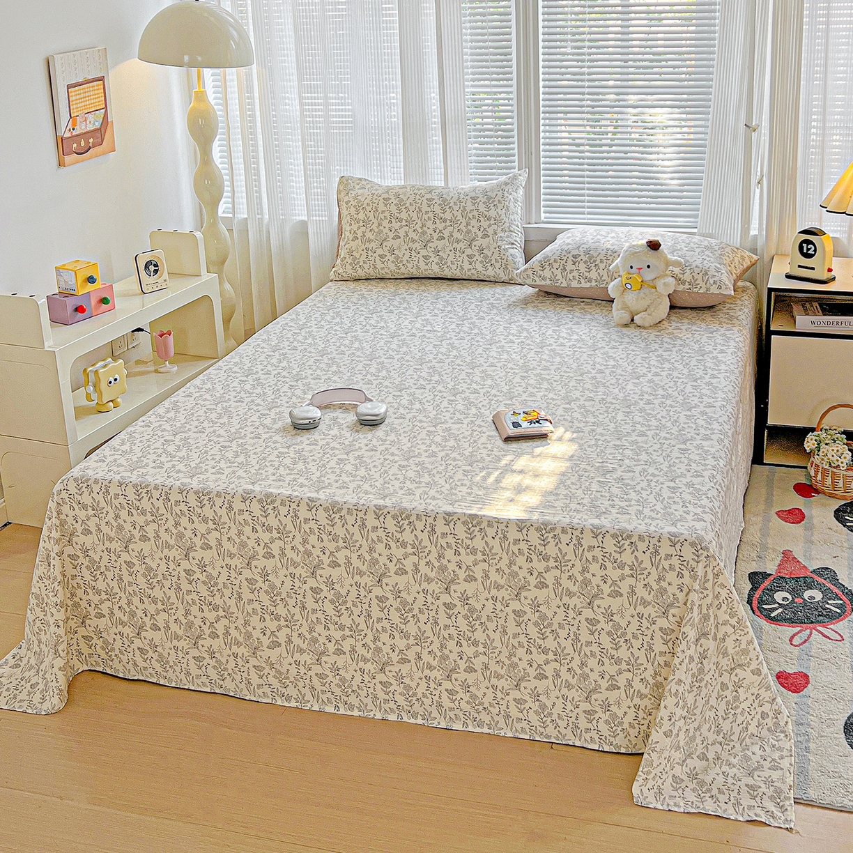 91家纺网 家纺一手货源 找家纺 格真 2025新款A类云感木棉皱皱双层纱床单单床单床单单品床单三件套 草木集黄