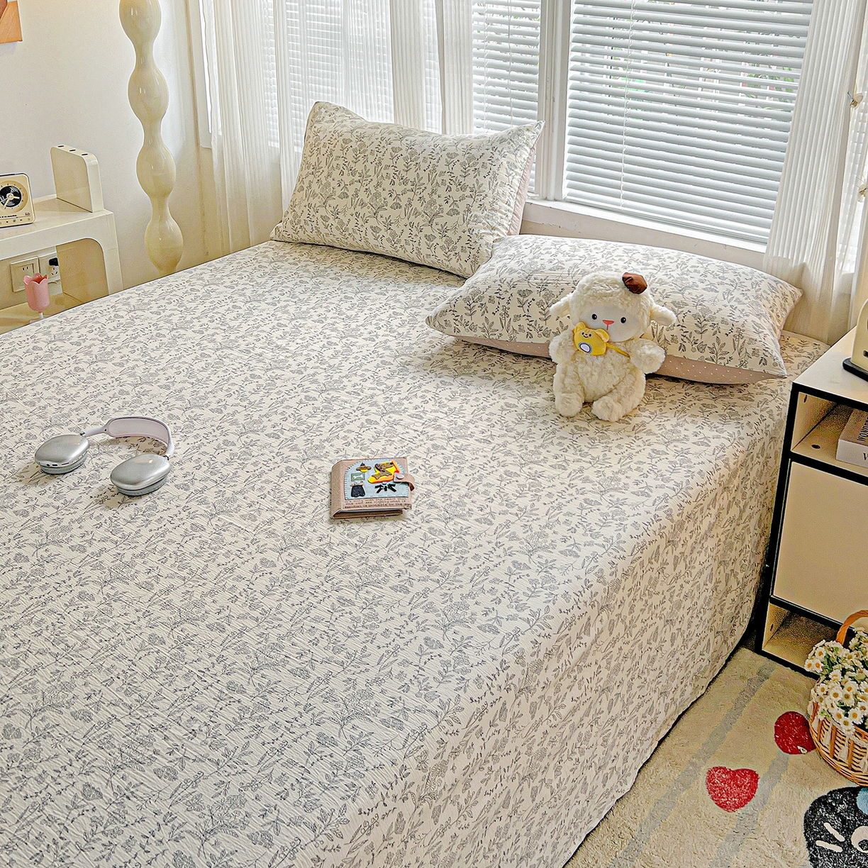 91家纺网 家纺一手货源 找家纺 格真 2025新款A类云感木棉皱皱双层纱床单单床单床单单品床单三件套 草木集黄