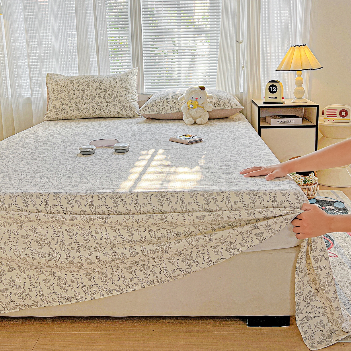 91家纺网 家纺一手货源 找家纺 格真 2025新款A类云感木棉皱皱双层纱床单单床单床单单品床单三件套 草木集黄