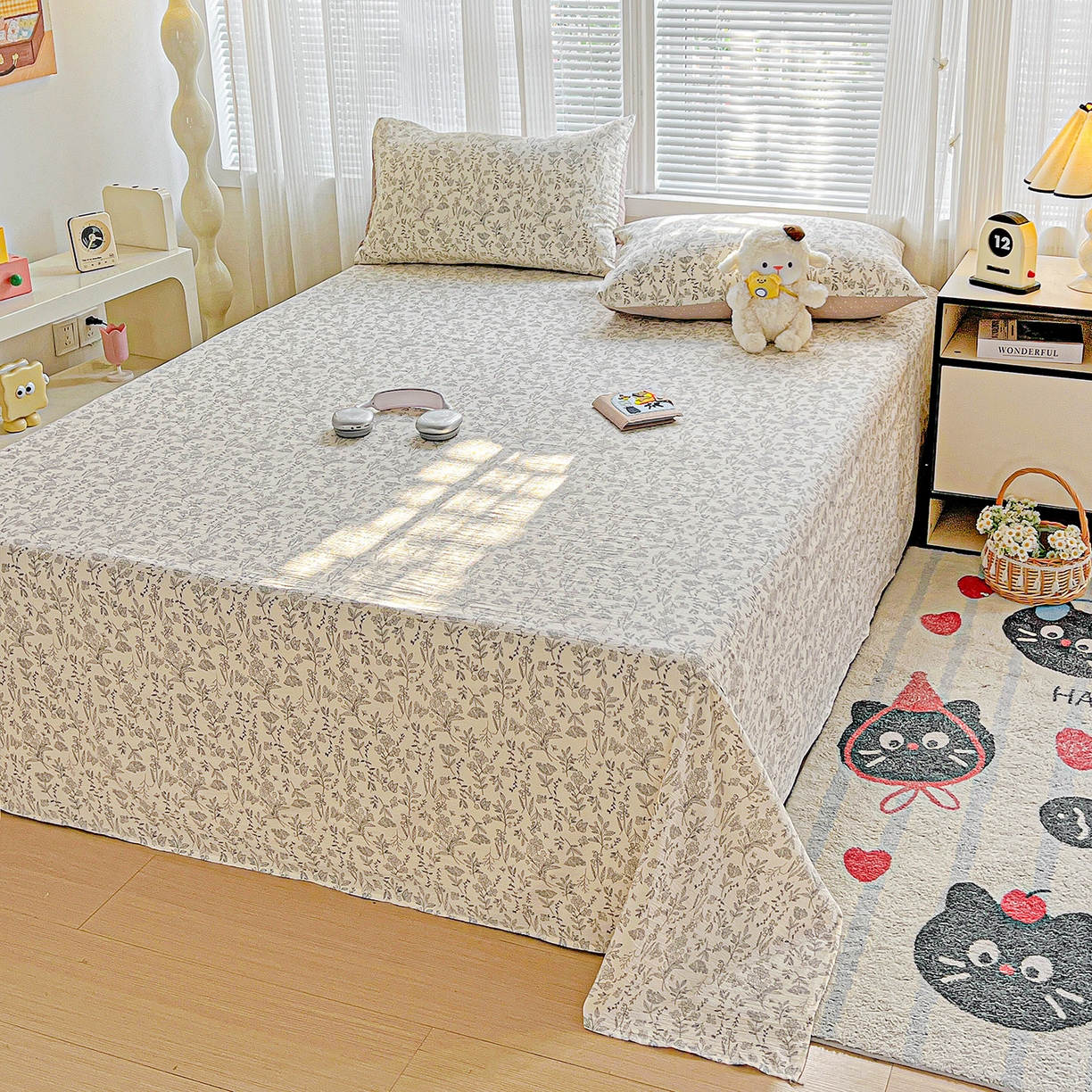 91家纺网 家纺一手货源 找家纺 格真 2025新款A类云感木棉皱皱双层纱床单单床单床单单品床单三件套 草木集黄