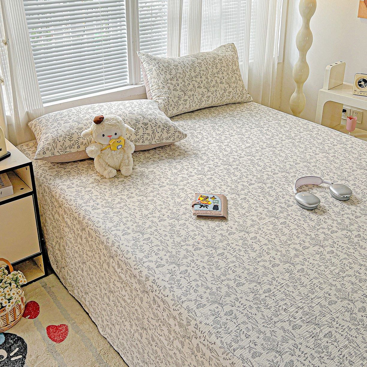 91家纺网 家纺一手货源 找家纺 格真 2025新款A类云感木棉皱皱双层纱床单单床单床单单品床单三件套 草木集黄