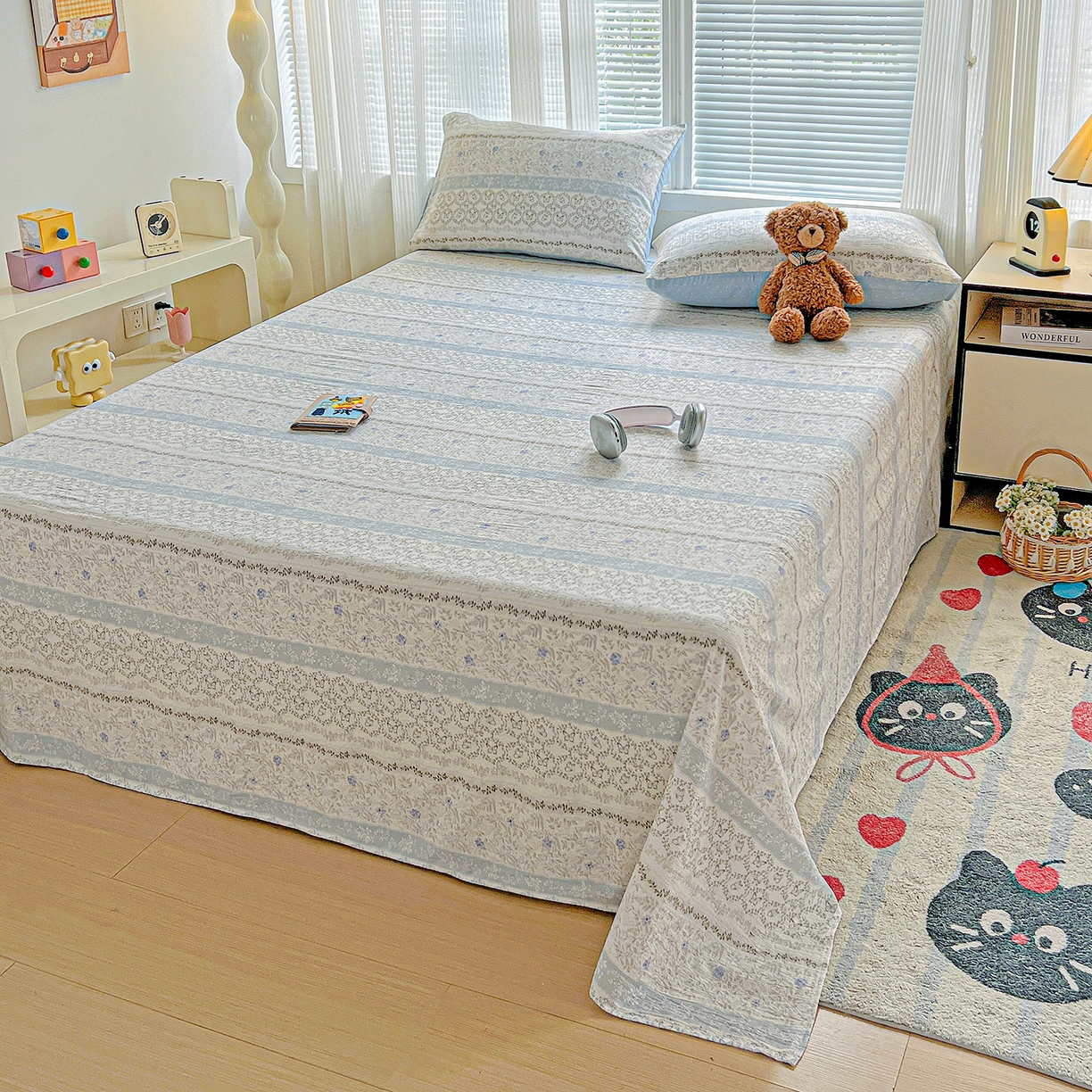 91家纺网 家纺一手货源 找家纺 格真 2025新款A类云感木棉皱皱双层纱床单单床单床单单品床单三件套 蝴蝶印记