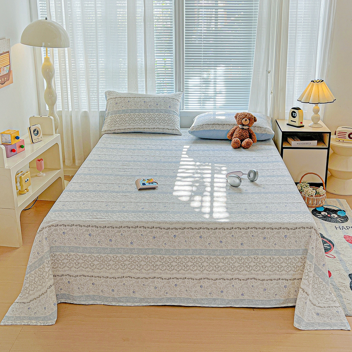 91家纺网 家纺一手货源 找家纺 格真 2025新款A类云感木棉皱皱双层纱床单单床单床单单品床单三件套 蝴蝶印记