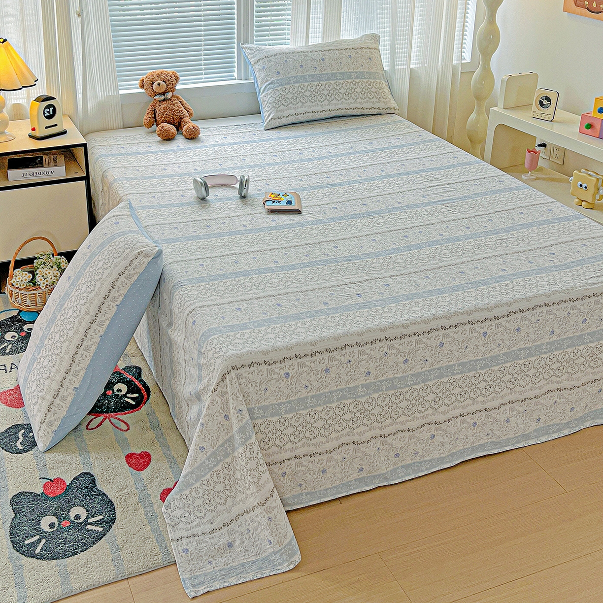 91家纺网 家纺一手货源 找家纺 格真 2025新款A类云感木棉皱皱双层纱床单单床单床单单品床单三件套 蝴蝶印记