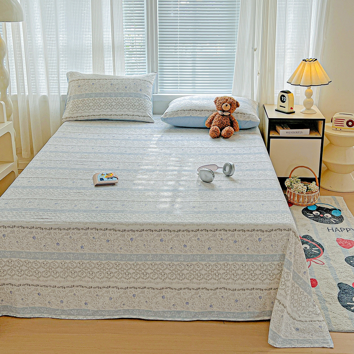 91家纺网 家纺一手货源 找家纺 格真 2025新款A类云感木棉皱皱双层纱床单单床单床单单品床单三件套 蝴蝶印记