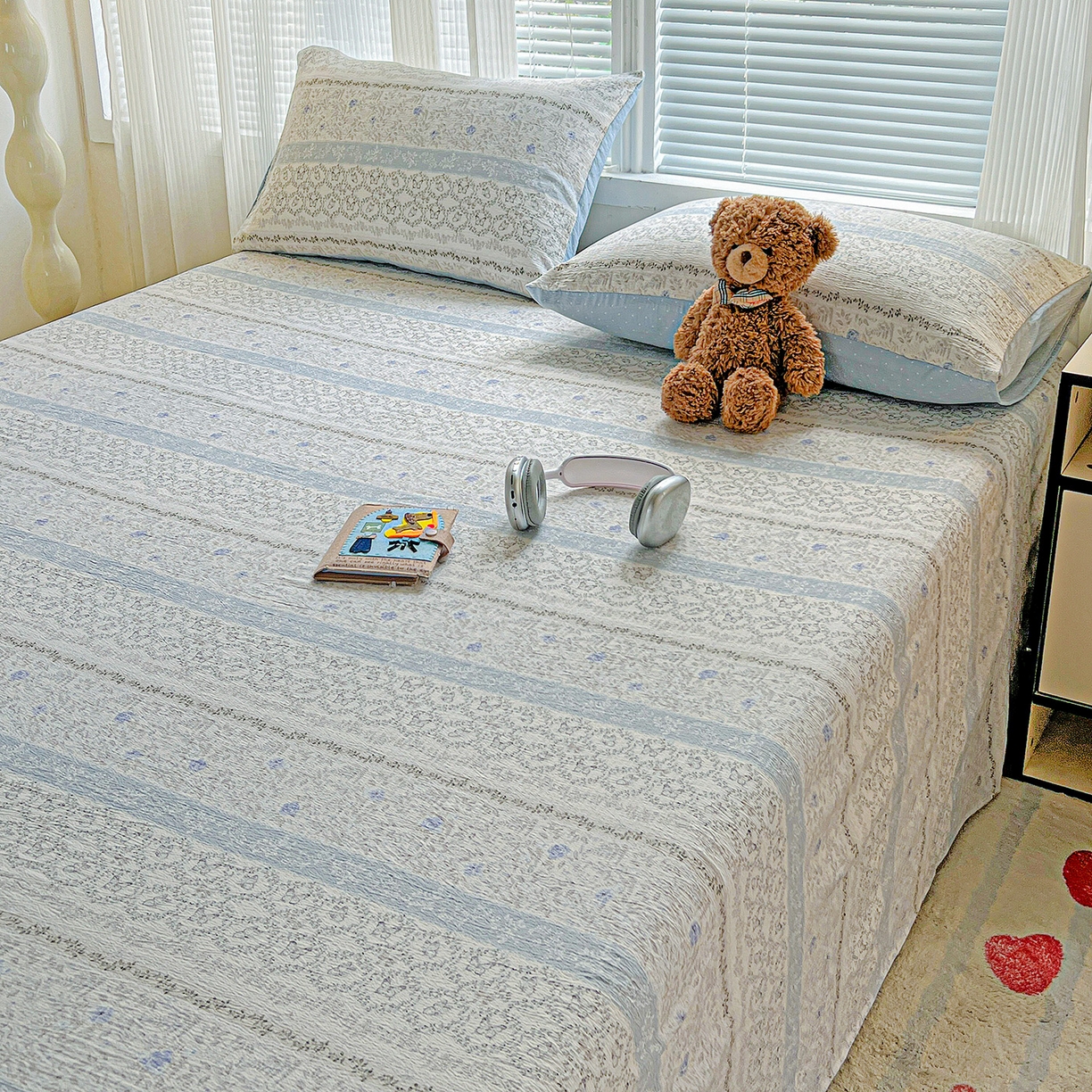 91家纺网 家纺一手货源 找家纺 格真 2025新款A类云感木棉皱皱双层纱床单单床单床单单品床单三件套 蝴蝶印记