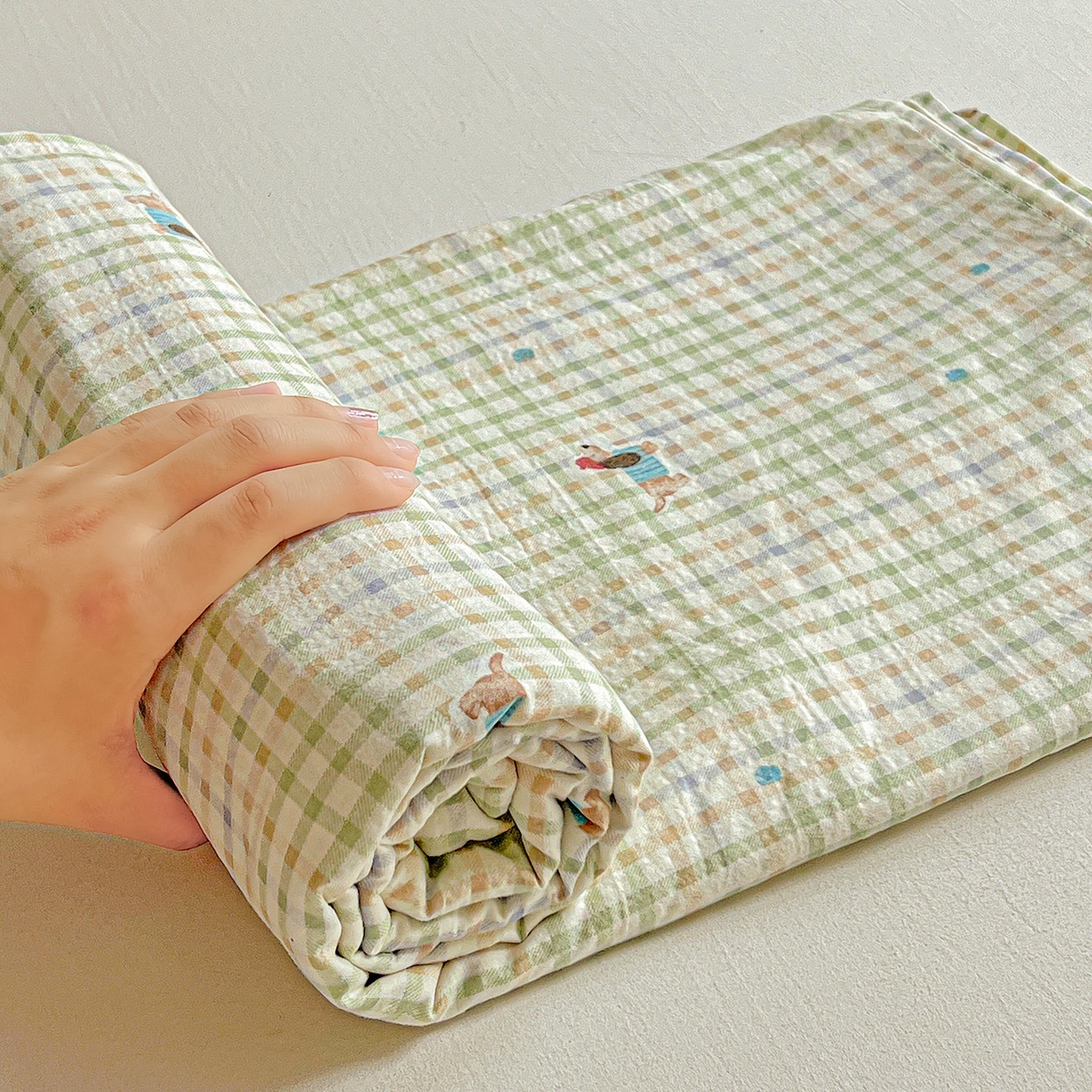 91家纺网 家纺一手货源 找家纺 格真 2025新款A类云感木棉皱皱双层纱床单单床单床单单品床单三件套 腊肠狗-抹茶