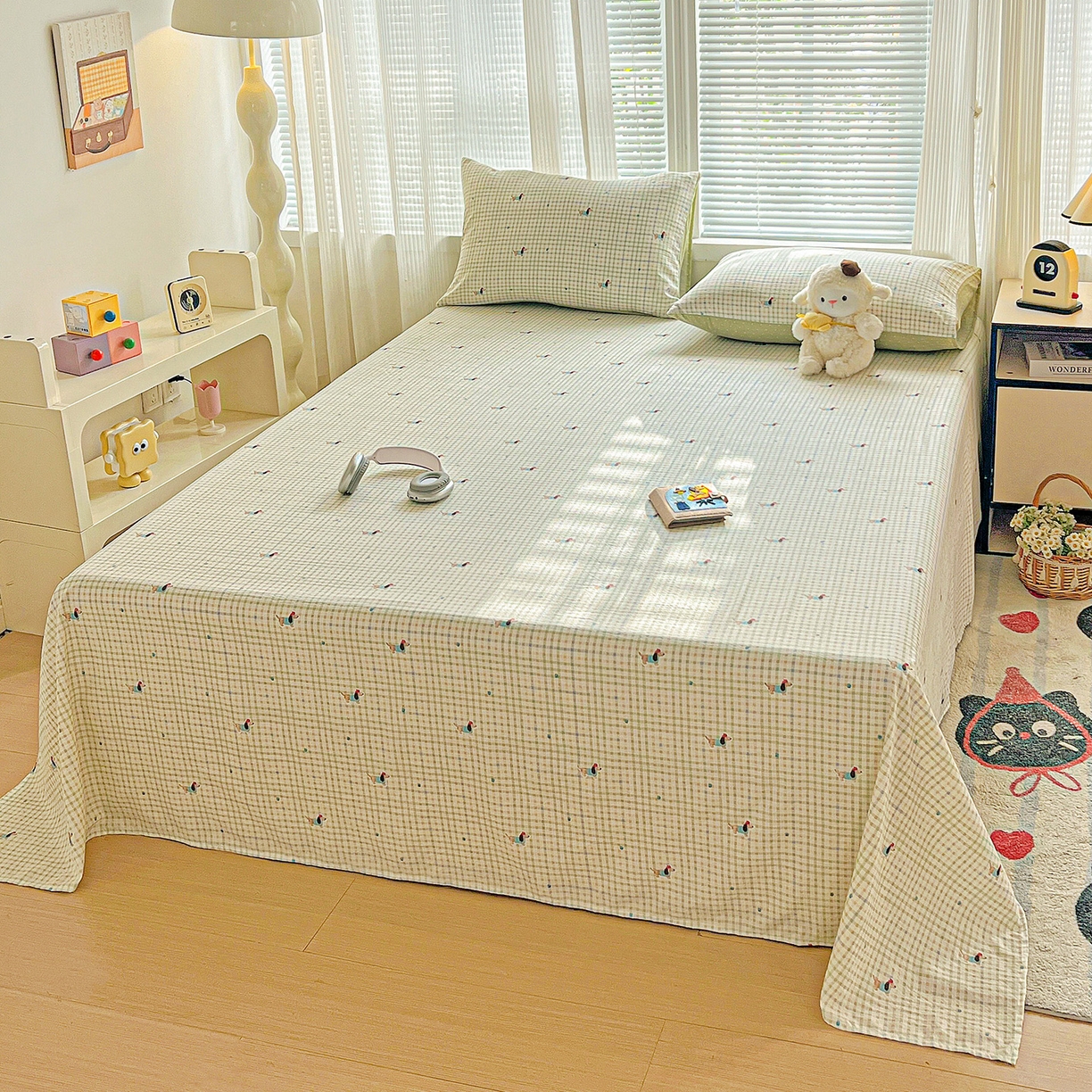 91家纺网 家纺一手货源 找家纺 格真 2025新款A类云感木棉皱皱双层纱床单单床单床单单品床单三件套 腊肠狗-抹茶