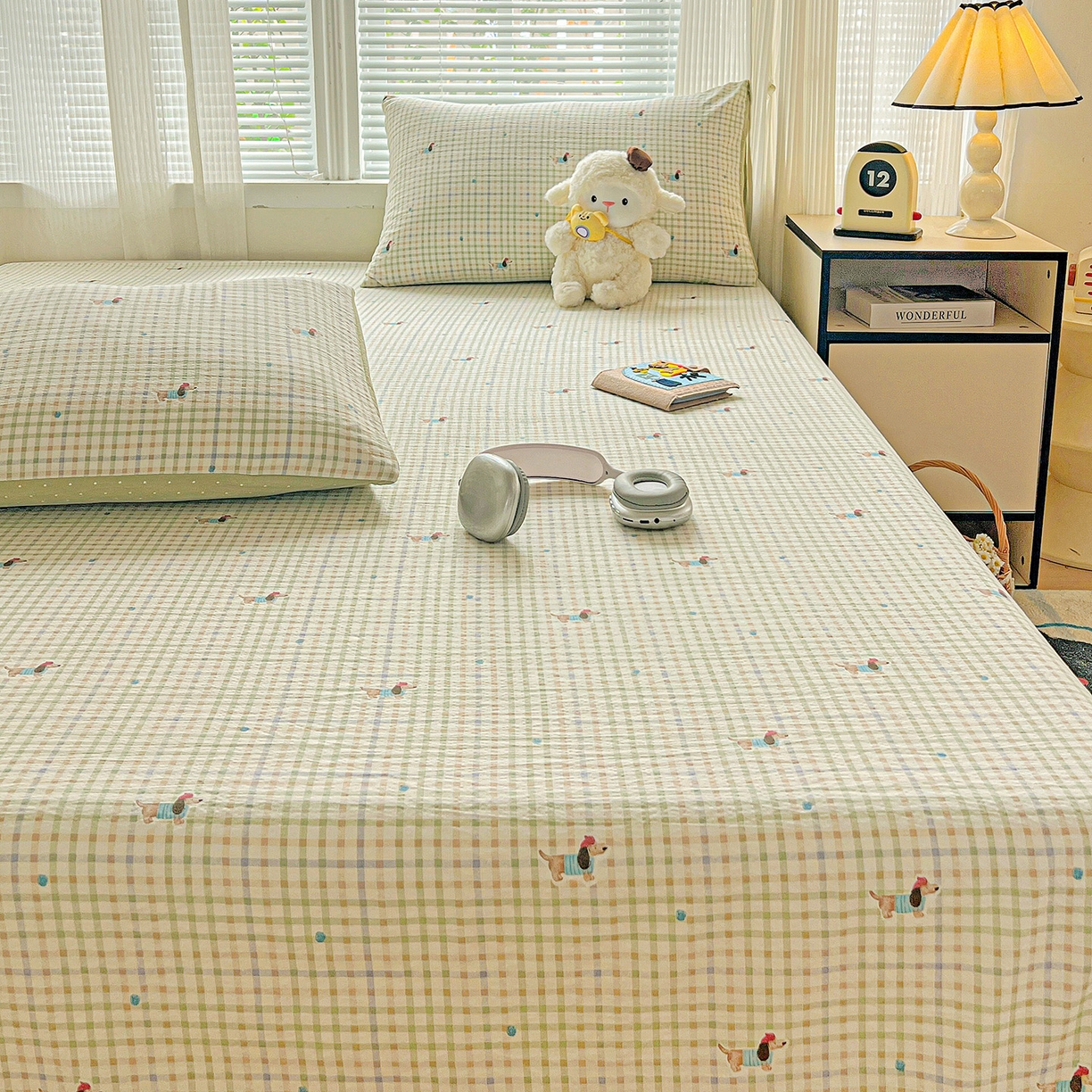 91家纺网 家纺一手货源 找家纺 格真 2025新款A类云感木棉皱皱双层纱床单单床单床单单品床单三件套 腊肠狗-抹茶