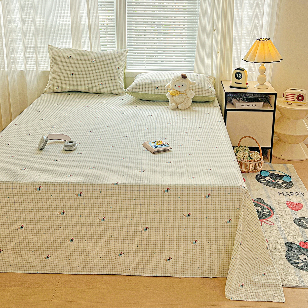 91家纺网 家纺一手货源 找家纺 格真 2025新款A类云感木棉皱皱双层纱床单单床单床单单品床单三件套 腊肠狗-抹茶