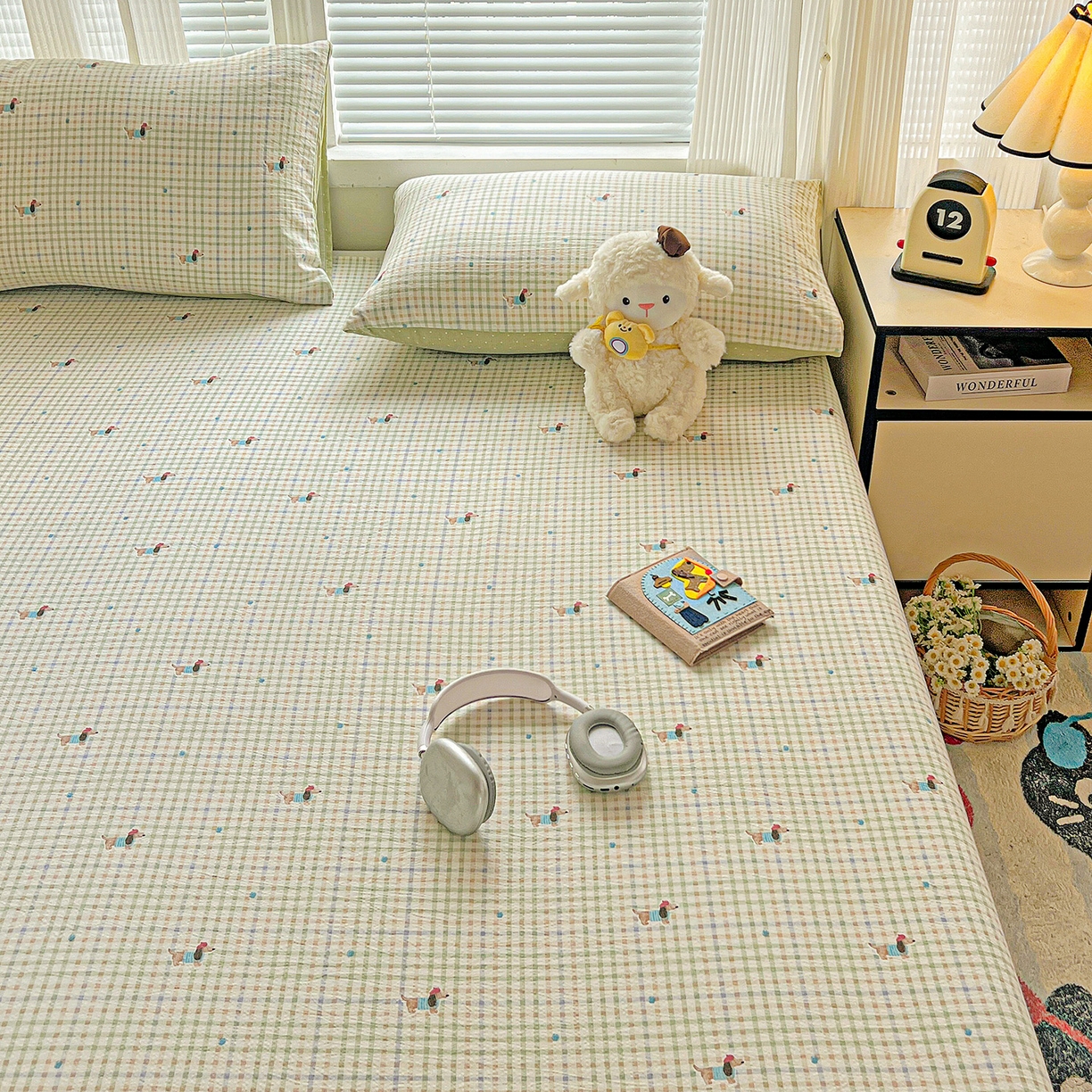 91家纺网 家纺一手货源 找家纺 格真 2025新款A类云感木棉皱皱双层纱床单单床单床单单品床单三件套 腊肠狗-抹茶